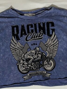 Vintage Racing Club Motorcycle Crop Top - Washed Blue